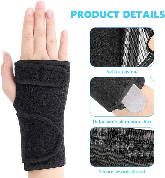 Tunnel verstelbare polsbandage voor carpaal tunnel met aluminium rail, polssteun voor artritis tendinitis (zwart, rechts) — afbeelding 5