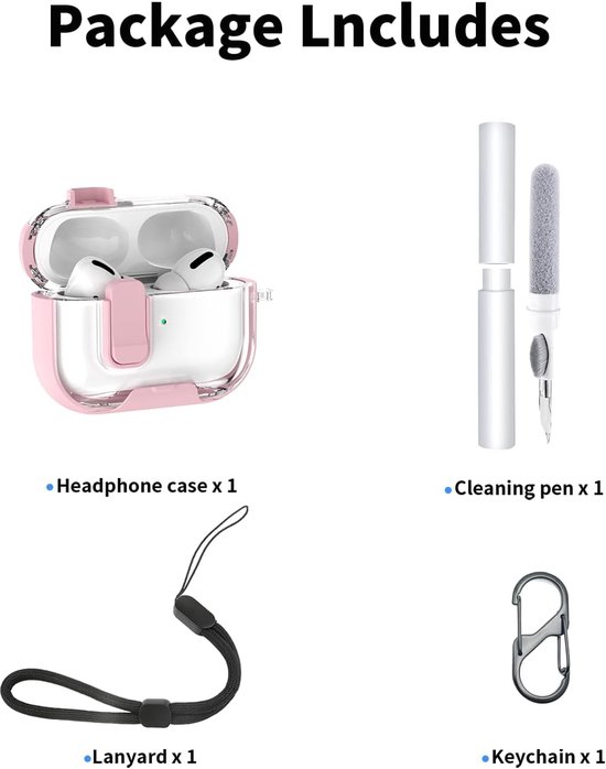 Hoes voor AirPods Pro 3/Pro3 oordopjes, zachte TPU + PC transparante cover, met beugelfunctie, waterdicht, schokbestendig, eenvoudig te dragen, met koord, sleutelhanger en reinigingsset, roze — afbeelding 4