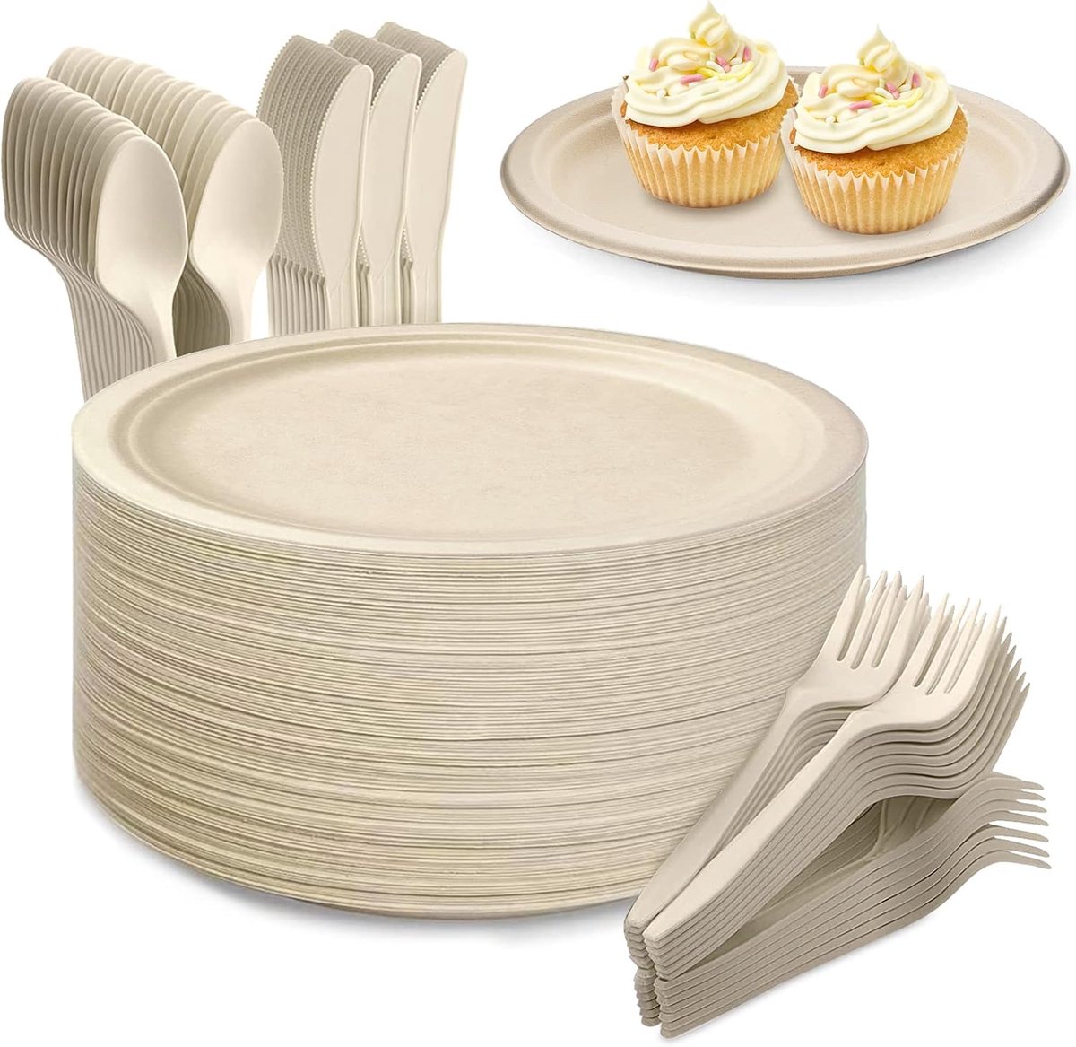 200 wegwerpborden van suikerriet, servies, grote borden, vorken, messen, lepels voor feest, camping en picknick, 17,8 cm, houtkleur