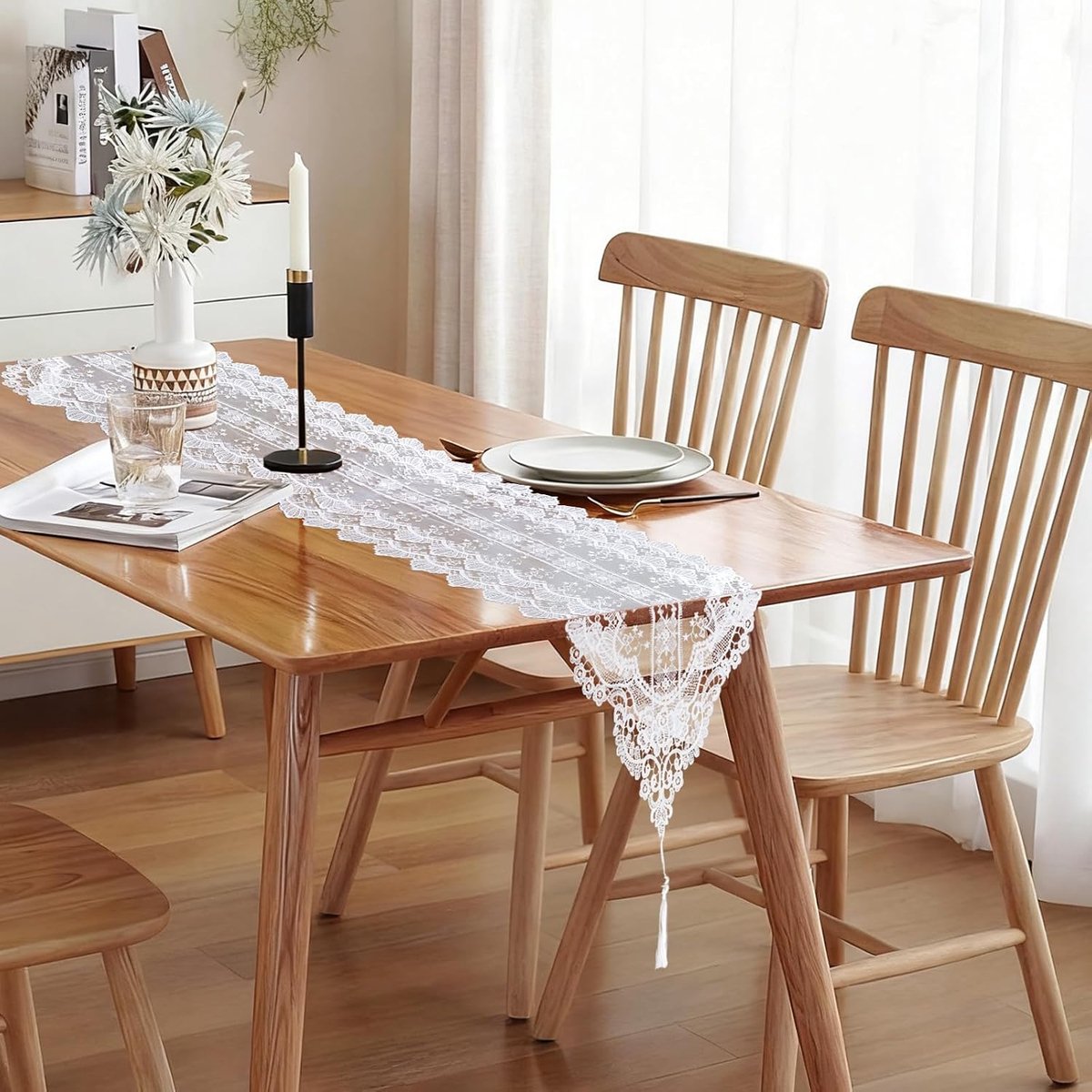 Tafelloper, 47,24 × 14,57 cm, wit met kwastjes, chiffon kanten tafelkleed voor boog, verjaardag, salontafel, stoel, huisdecoratie, feestbenodigdheden