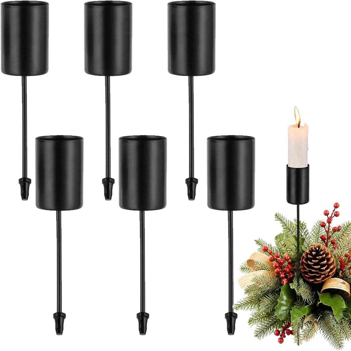Kaarsenhouders Voor Staafkaarsen, 6 Stuks Staafkaarsenhouder Kerstdecoratie Zwart Kaarsenhouder Om In Te Steken Kaarsenbord Met Doorn Voor Kerstdecoratie Woning Tafelstukken (Zwart)