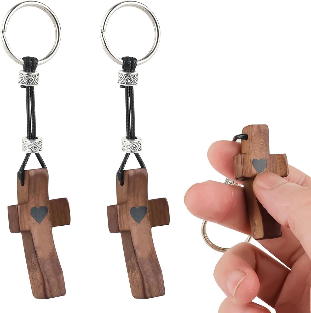 2 stuks sleutelhangers kruis van Canaletto hout, hanger christelijk kruis voor dames en heren, cadeau voor doop, communie en vormsel, decoratie voor tas en rugzak, bruin