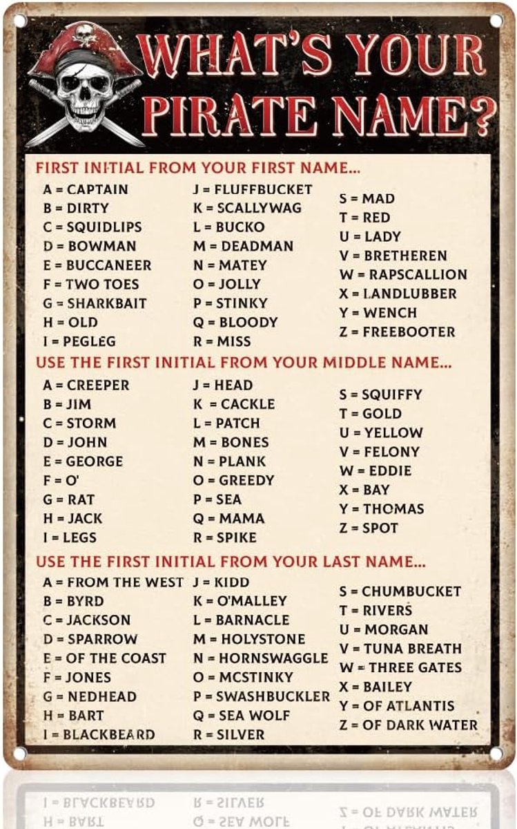 piraat naam tinnen bord muur decor What's Your Pirate Name Party metalen bord vintage muur poster voor thuis man grot garage bar club piraat thema slaapkamer decor cadeau 20 x 30 cm