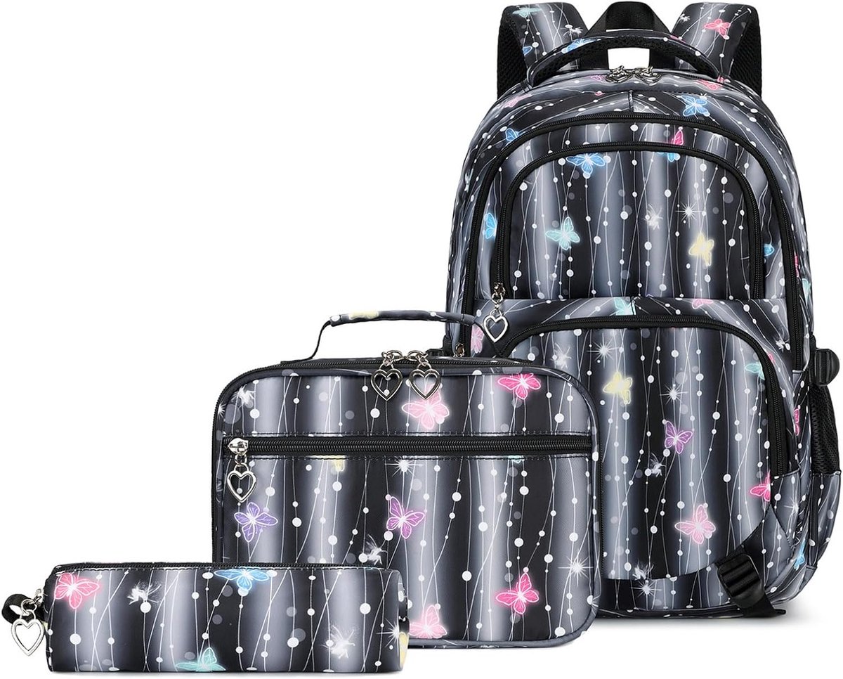 3-in-1 Vlinderprint Rugzak Set voor Dames – Lichtgewicht Nylon Laptoptas met Grote Capaciteit – Schattig & Stijlvol voor School – Werk Reizen – Perfect voor Dagelijks Gebruik