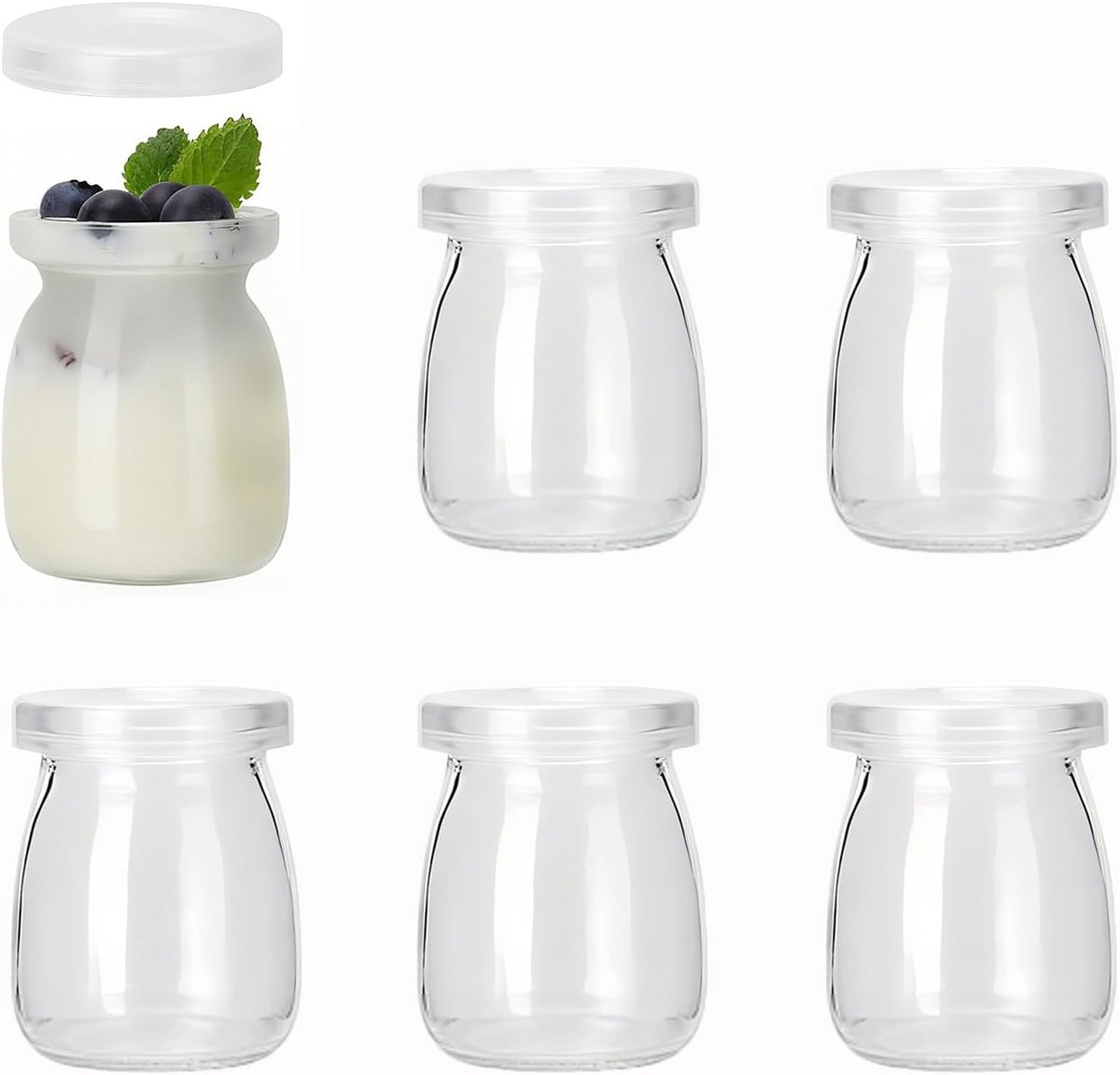 Set van 6 Glazen Yogurtpotjes met Deksel, Levensmiddelenopslag voor Jam, Honing en Desserts, Vaatwasserbestendig en Lekvrij