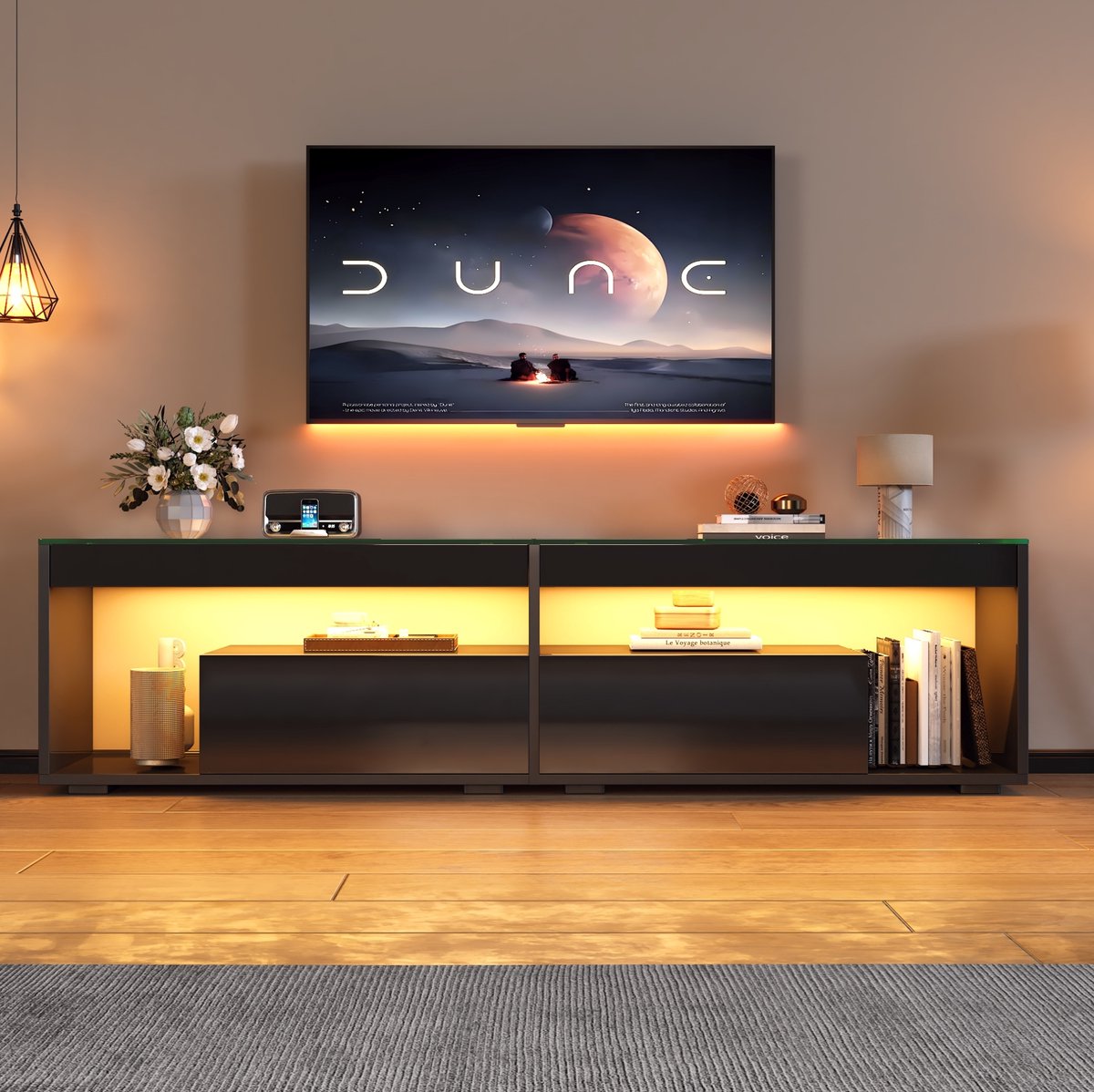 MEUNIQ TV-meubel 180 cm met LED-verlichting, 2 lades en open vakken, hoogglans zwart met gehard glas, voor tv’s tot 70 inch