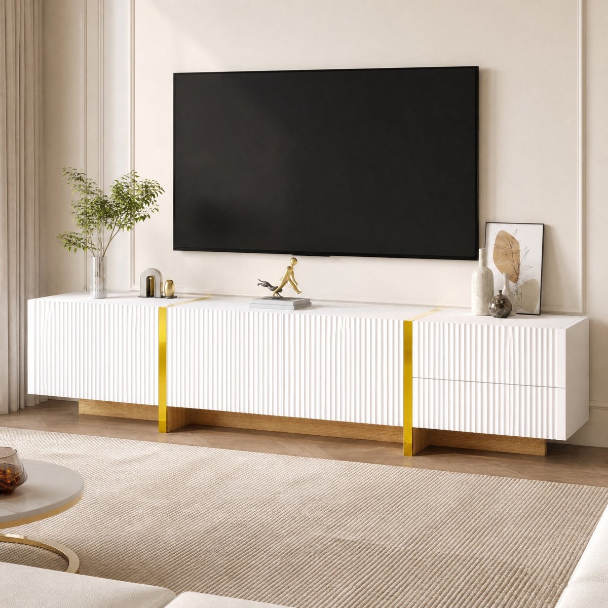 MEUNIQ TV-meubel 190 cm breed met 2 lades, 3 deuren en dempingsscharnieren – witte tv-kast met goud en houtnerf voor woonkamer