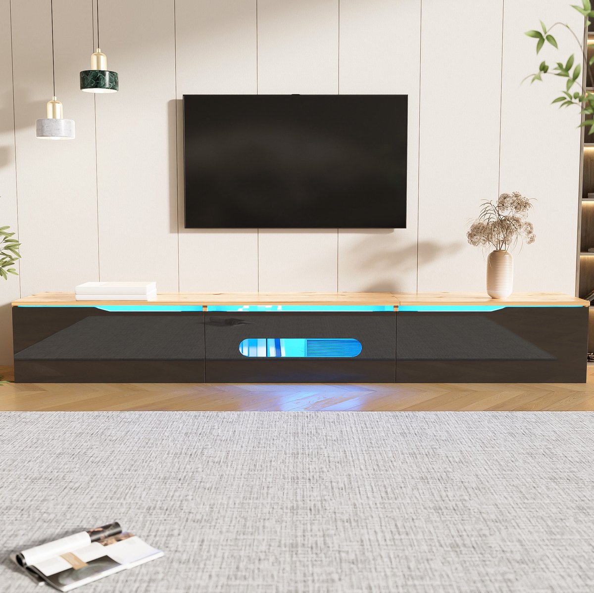 MEUNIQ TV-meubel 180 x 35 x 30 cm met 3 soft-close kleppen, 16-kleuren ledverlichting via Bluetooth-app, USB en wandmontage, zwart houtkleur