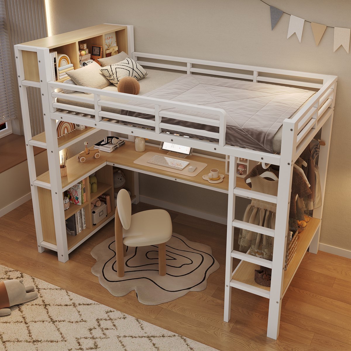 Merax Hoogslaper 90 x 200 cm - met bureau - kapstok - boekenplank - opbergvakken - zonder matras - wit