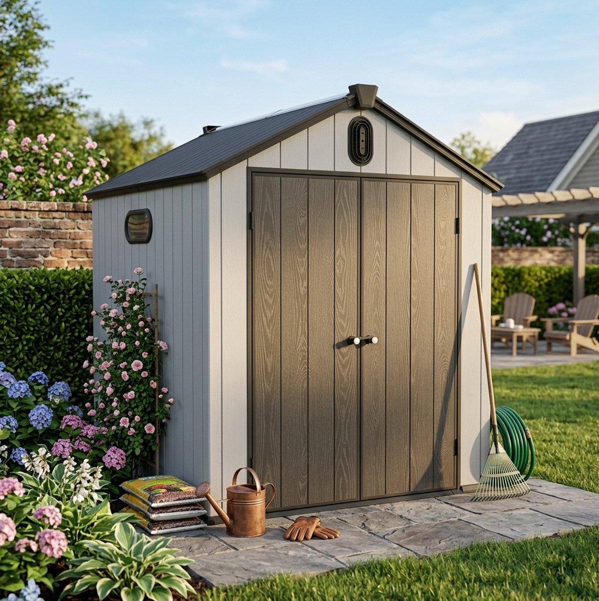 MEUNIQ Kunststof gereedschapsschuur 240 x 187 x 221 cm met zadeldak, dubbele deur met 180° opening, regengoot en zijraam voor tuin, grijs en wit