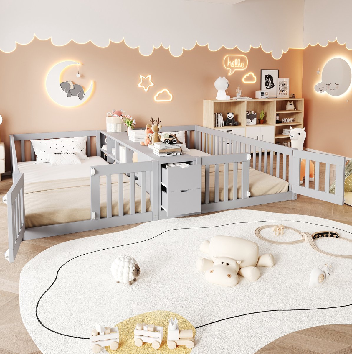 MEUNIQ Kinderbed met twee slaapplaatsen 90 x 200 cm, hoge veiligheidshekken, 2 lades en open middenrek met twee niveaus, grijs houten bedframe voor kinderkamer