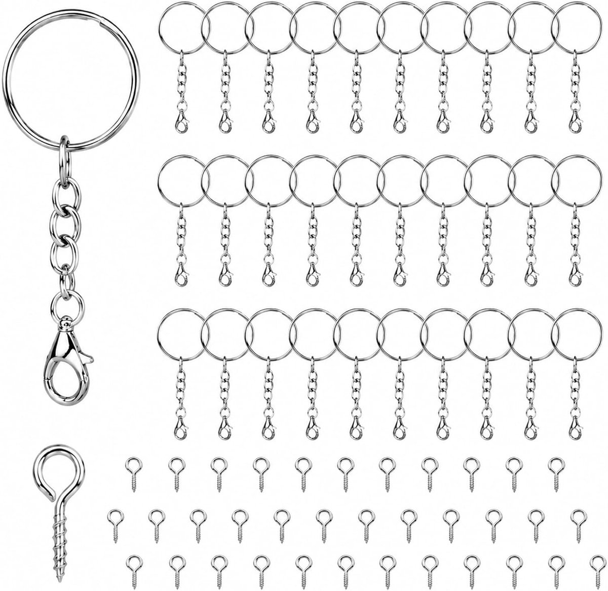 170 stuks sleutelhangers knutselset 85 sleutelringen 25 mm met ketting 85 schroefogen voor doe-het-zelf sleuteltassen sieraden maken in zilver