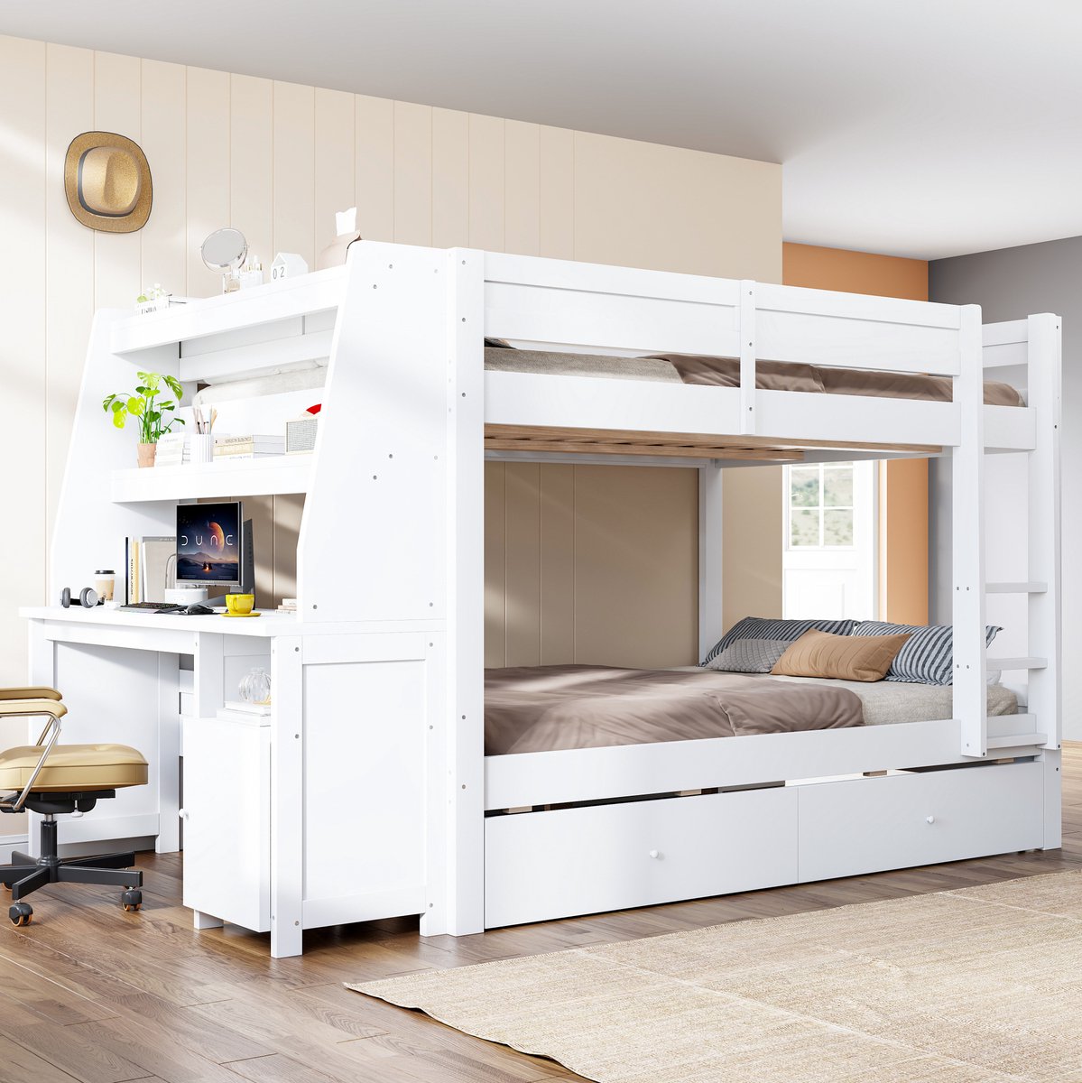 REDOM Stapelbed met bureau en opbergruimte - Veiligheidshekjes en ladder - Lattenbodems en schuifladen - Hout metaal en MDF - Wit - 236 x 145 x 160 cm