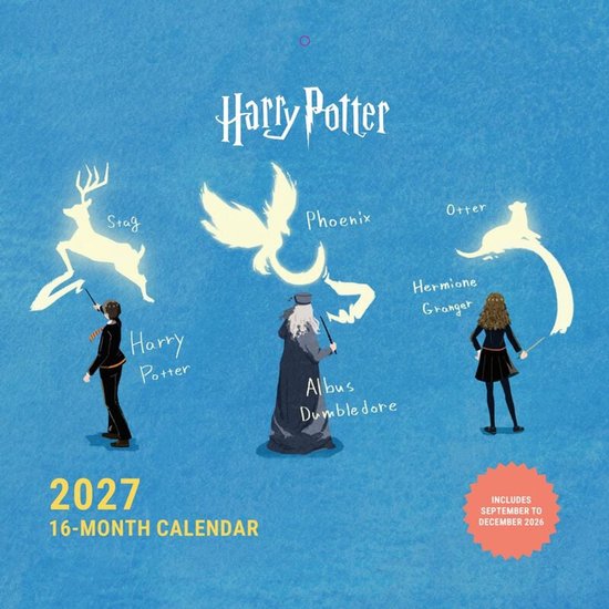 2027 16-maanden kalender met Harry Potter, Dumbledore en Hermione Granger, elk met hun patronus.