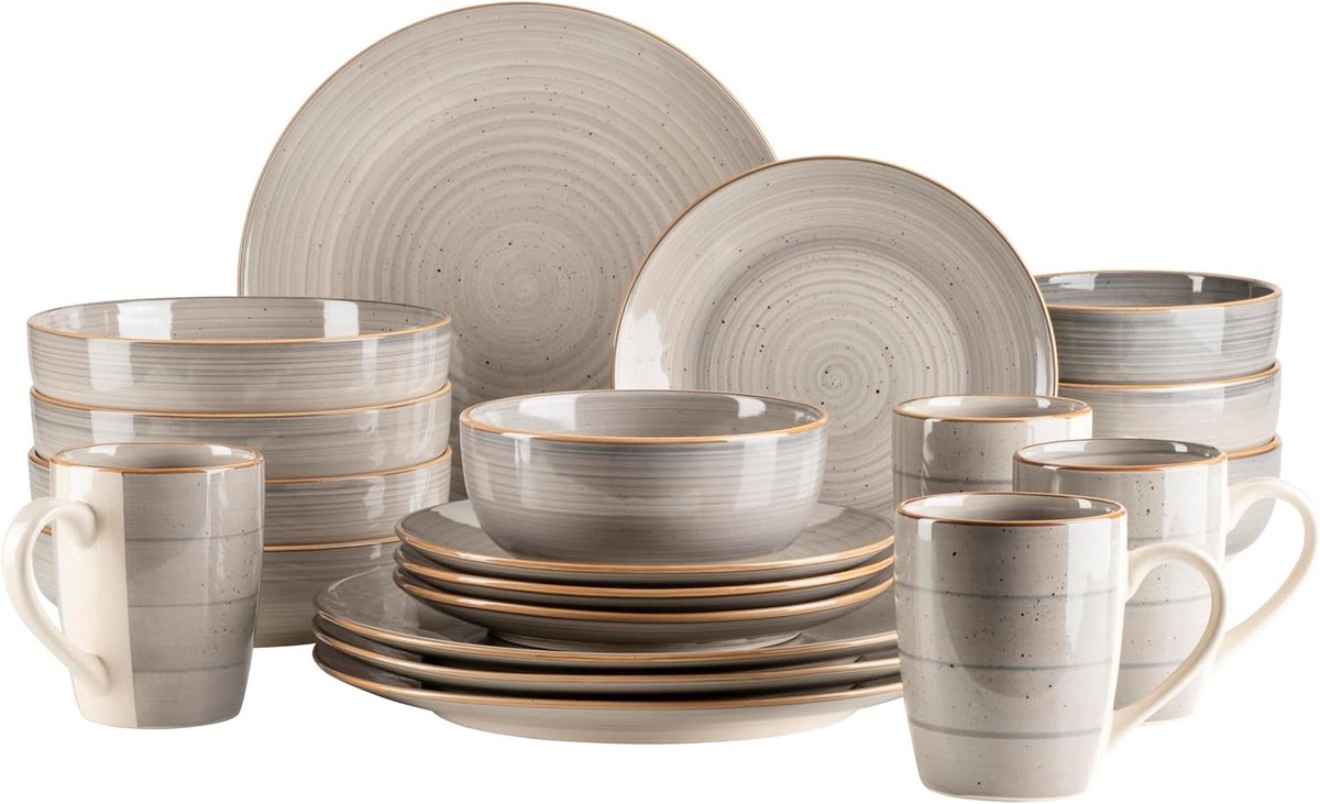 Serie Valmera, eetservies voor 4 personen, servies in vintage-look, aardewerk, lichtgrijs