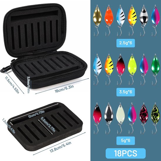 Spoon Set, 18 Stück Kunstköder Spinner Blinker, 2,5/3,5/5 g Angelzubehör mit Aufbewahrungsbox, Forellenköder Spoons Set für Forelle Barsch und Hecht — afbeelding 2