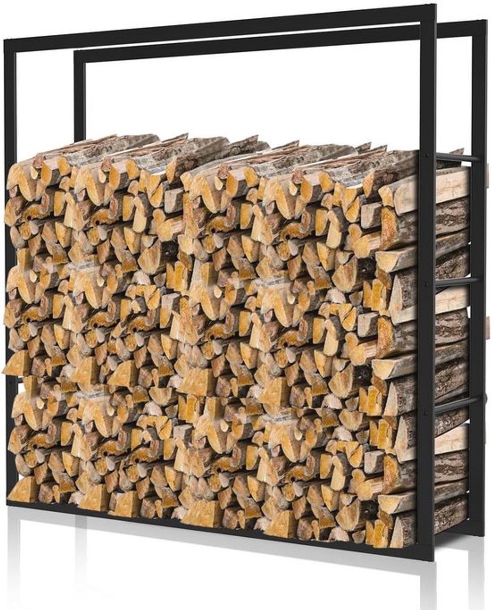 Brandhoutrek voor buiten, 100 x 100 x 25 cm, metaal, zwart, stapelhulp voor brandhout