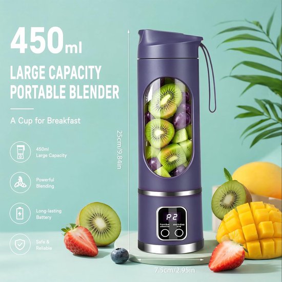 Blender smoothie maker, mini-mixer to go, 450 ml, oplaadbaar, beker met led-display, 12 messen, draagbare blender voor milkshake, sap, smoothie (2 - paars) van Blender — afbeelding 2