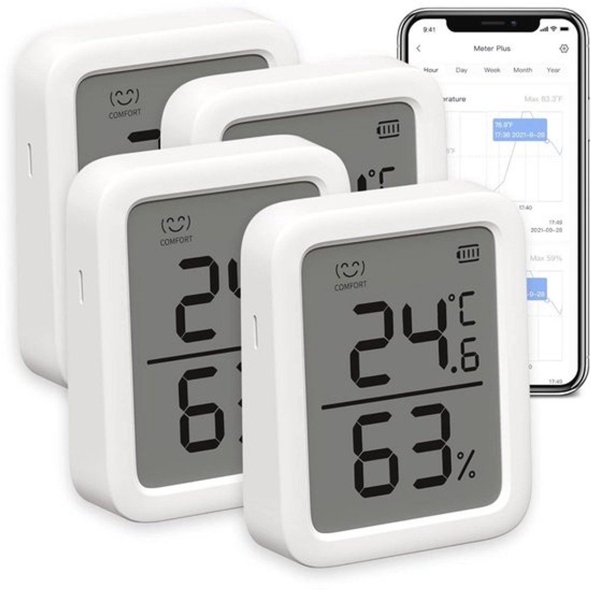 Interne Thermometer en Hygrometer Set van 4 - Slimme Temperatuur en Vochtigheidsmonitor met Waarschuwingssysteem en 68 Dagen Gegevensopslag - 3 Inch Scherm, Bluetooth