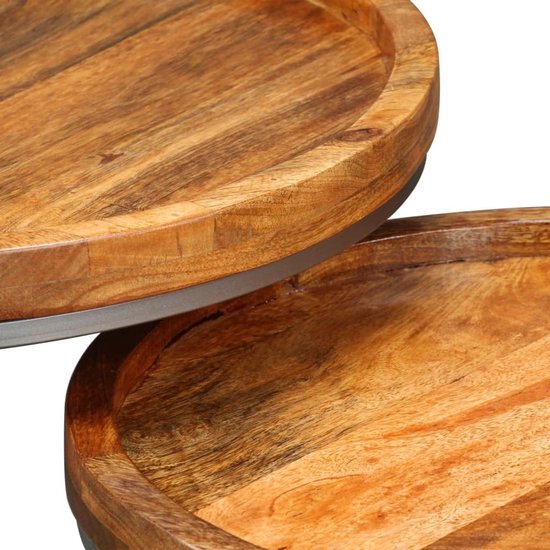 Bijzettafelset van 2 stuks, van massief mangohout, handgemaakt in vintage industriële stijl, opbergtafel en salontafel, met stabiele ijzeren poten, ruimtebesparend op te bergen — afbeelding 3