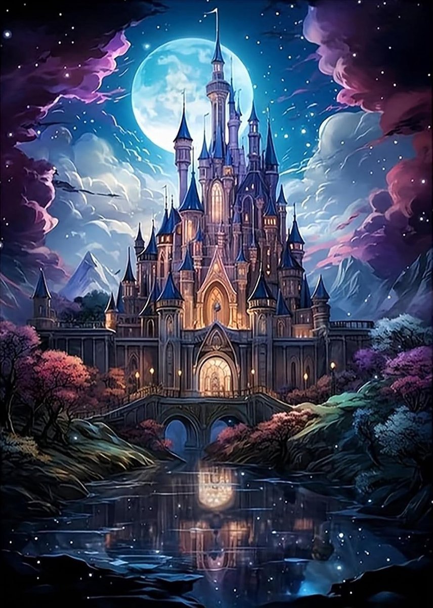 5D Diamond Painting, kasteel, diamond painting voor volwassenen, doe-het-zelf set voor beginners, fantasieslot met maan, perfect als cadeau en decoratie, peinture-diamant voor thuiswanddecoratie, 30 x