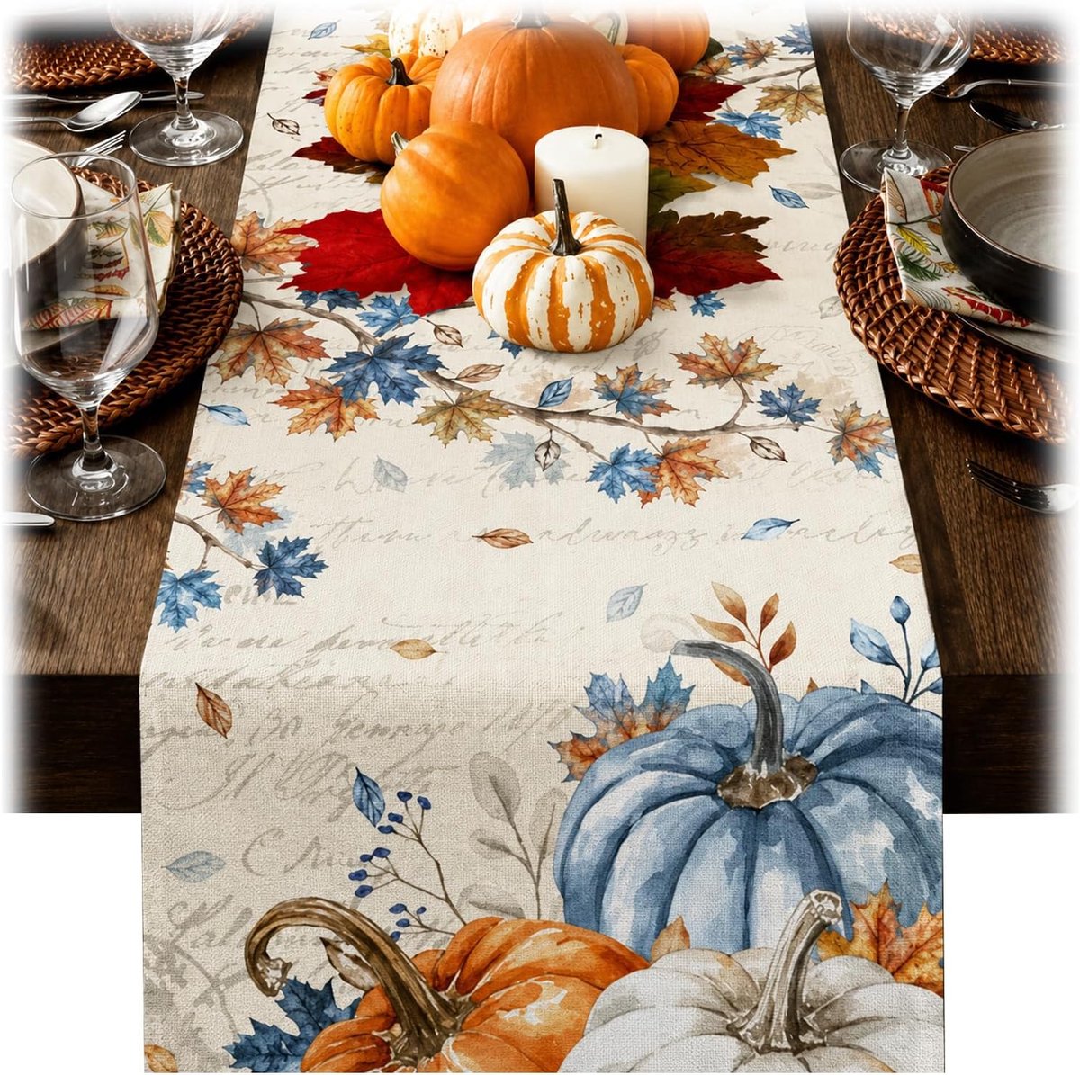 1 stuks tafelloper, herfst, 33 x 183 cm, met pompoen en esdoornblad-motief, wasbaar, modern, voor eettafel, keuken, binnen, herfstdecoratie, Thanksgiving