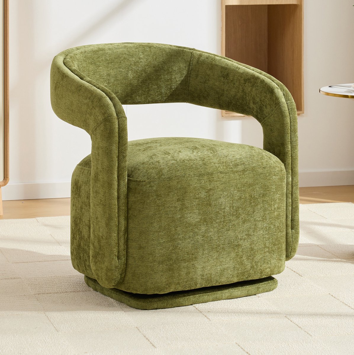 MEUNIQ Draaibare fauteuil 360° met ronde vorm, groen chenille, gewatteerde zitting en houten draaivoet - loungefauteuil voor woonkamer en leeshoek