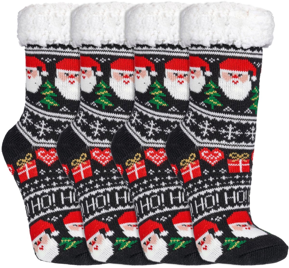 Kerstsokken | Huissokken Met Kerst Thema | Teddy Voering | Antislip Zool | Merk: Socks4fun | Maat: 36 T/M 47 | Kleur: Zwart | 4 Paar