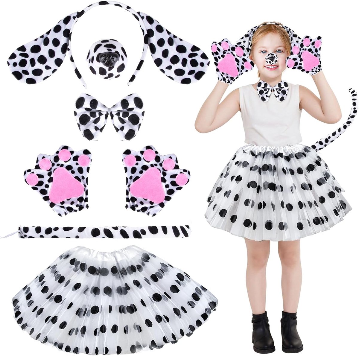 Kattenkostuum voor kinderen, meisjes, zwarte kostuumset, kat, dierenkostuum, cosplay, 6-delig, carnavalskostuum voor vrouwen, accessoires met noeren, staart, vlinderdas, handschoenen, hoofdband, tutu,