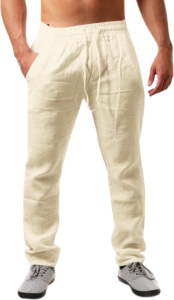 Linnen herenbroek, effen, lang, licht, zomerbroek, losse pasvorm, vrijetijdsbroek met trekkoord, voor vakantie, strand, dagelijks gebruik