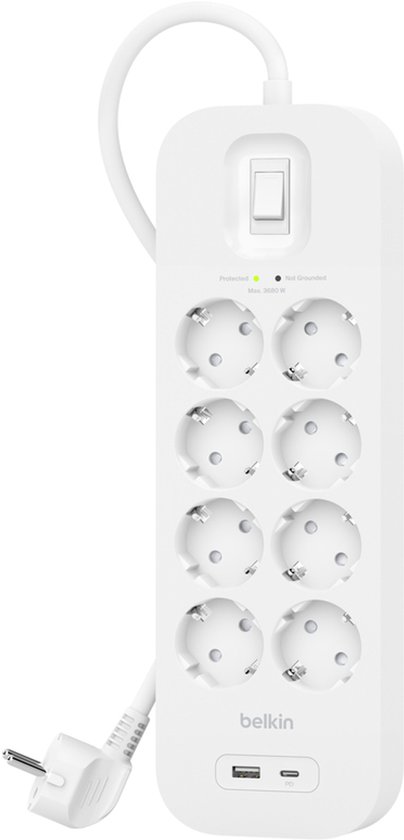 Belkin Stekkerdoos 8-voudig 2 meter met usb A/C 18W Wit