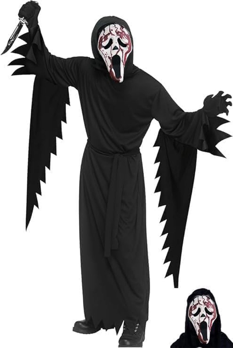 Screamkostuum, griezelig spookgezicht, screamkostuum, eng kostuum voor volwassenen, met Screammasker, speelgoedmes, spookkostuum voor Halloween, carnaval, cosplay