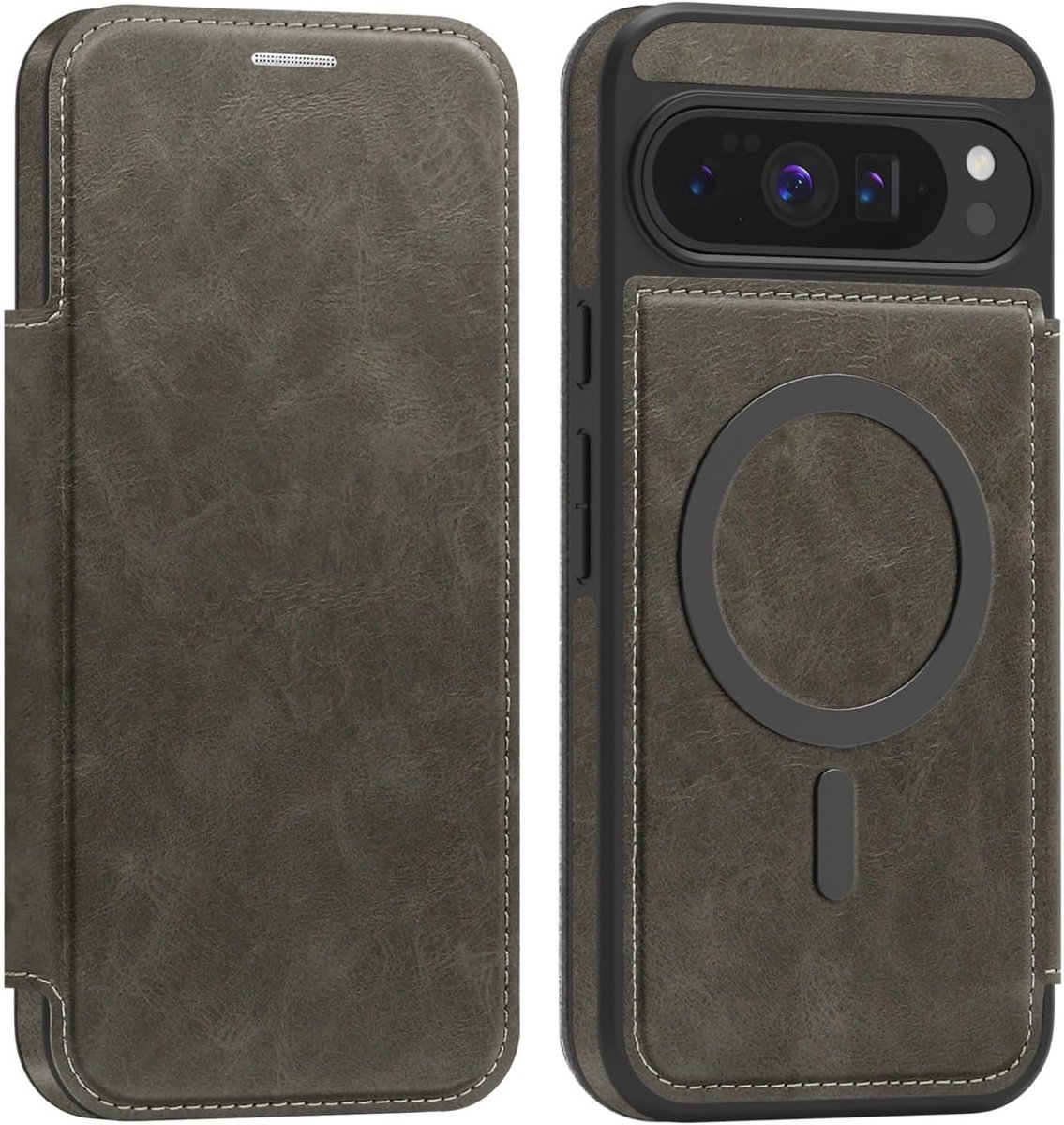 Beschermhoesje voor Google Pixel 10 Pro XL, klaphoes, compatibel met MagSafe, PU-leren hoes met kaartenvak en RFID-bescherming, grijs