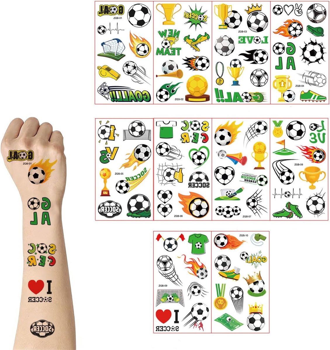 10 vellen voetbaltattoos voor kinderen, voetbaltatoeages, verjaardagscadeautjes voor kinderen en kleine cadeautjes voor een voetbalfeestje (B)