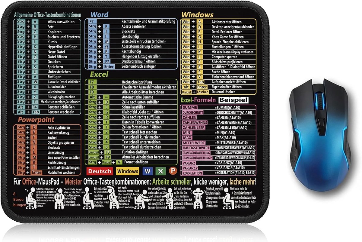 Excel Sneltoetsen Muismat, Bureau Mat met Word Sneltoetsen, 300 x 250 x 3 mm, Ideaal voor Kantoor en Thuisgebruik