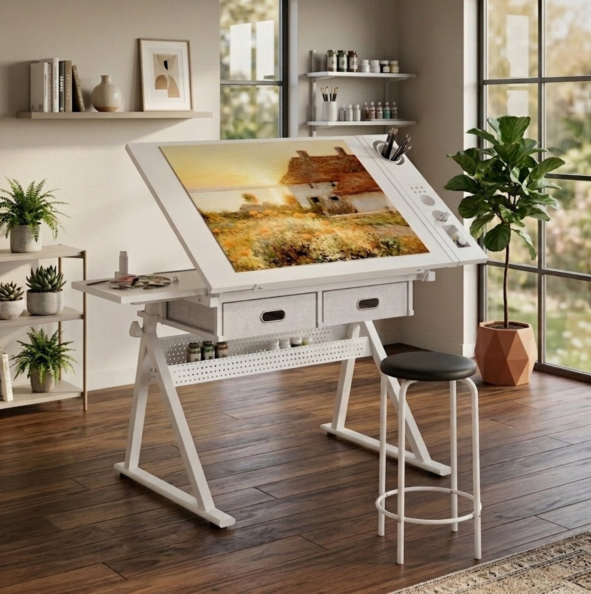 MEUNIQ verstelbare tekentafel 98 x 60 cm met kantelbaar blad 0–75°, 2 lades, zijopberging en kruk voor thuiswerkplek of studeerkamer, wit