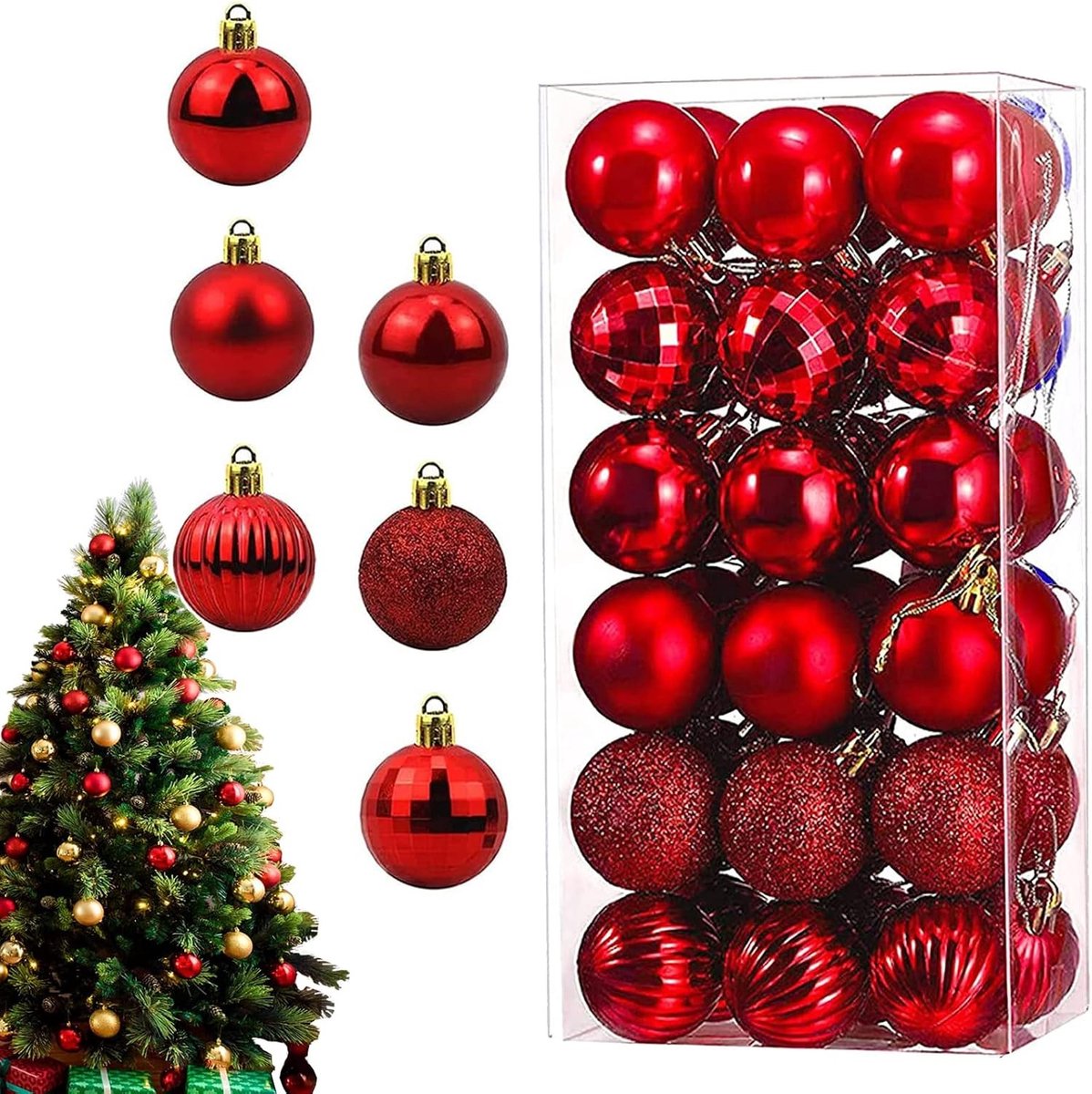 Kerstballen in rood, 36 stuks, plastic kerstversiering, kleine 4 cm ballen, feestelijke decoratie