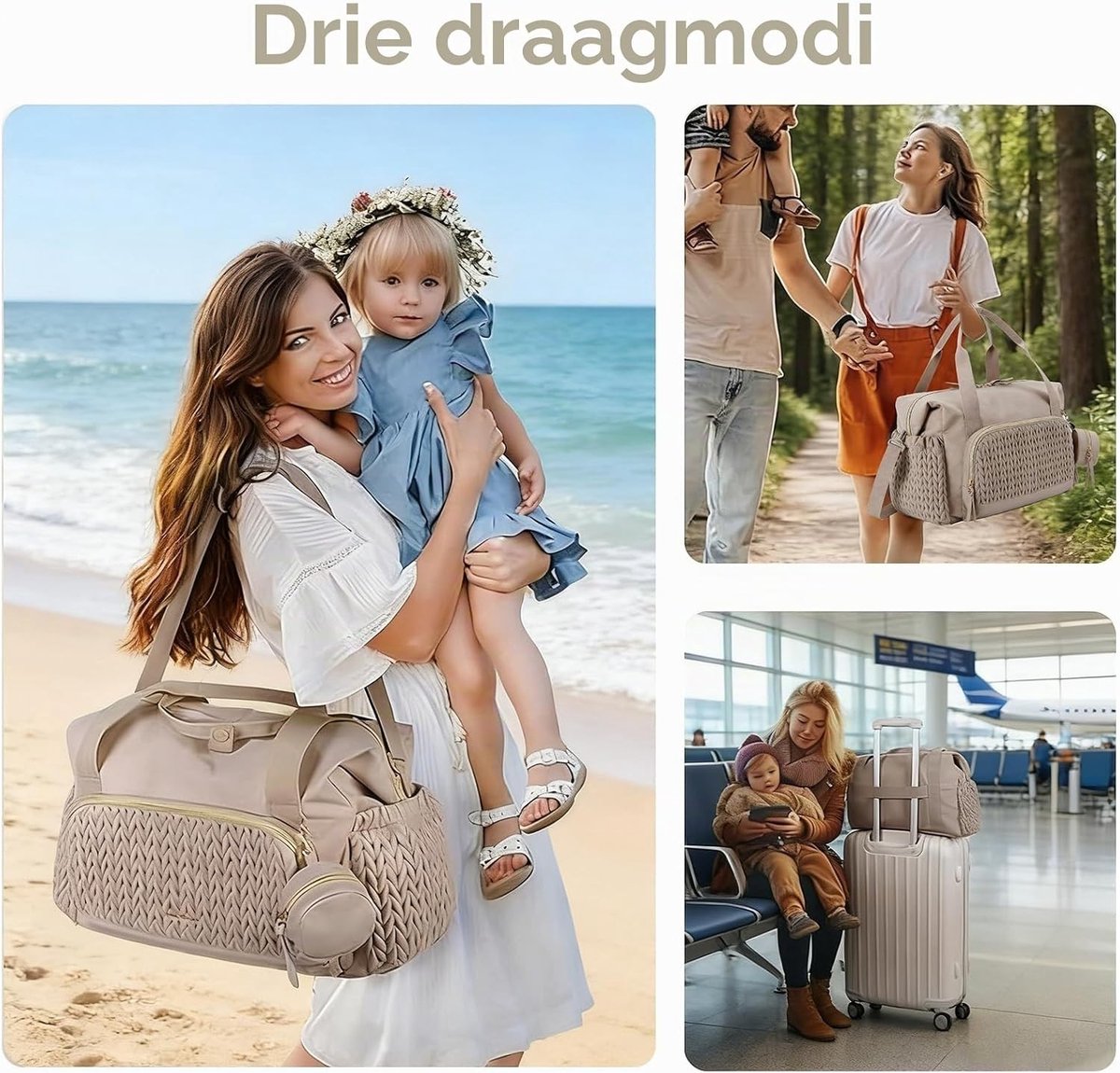 Multifunctionele Luiertas voor Moeders, Grote Verschoontas met Verstelbare Schouderband, Inclusief Apart Fopspeencompartiment, Ideaal voor Reizen en Strandactiviteiten