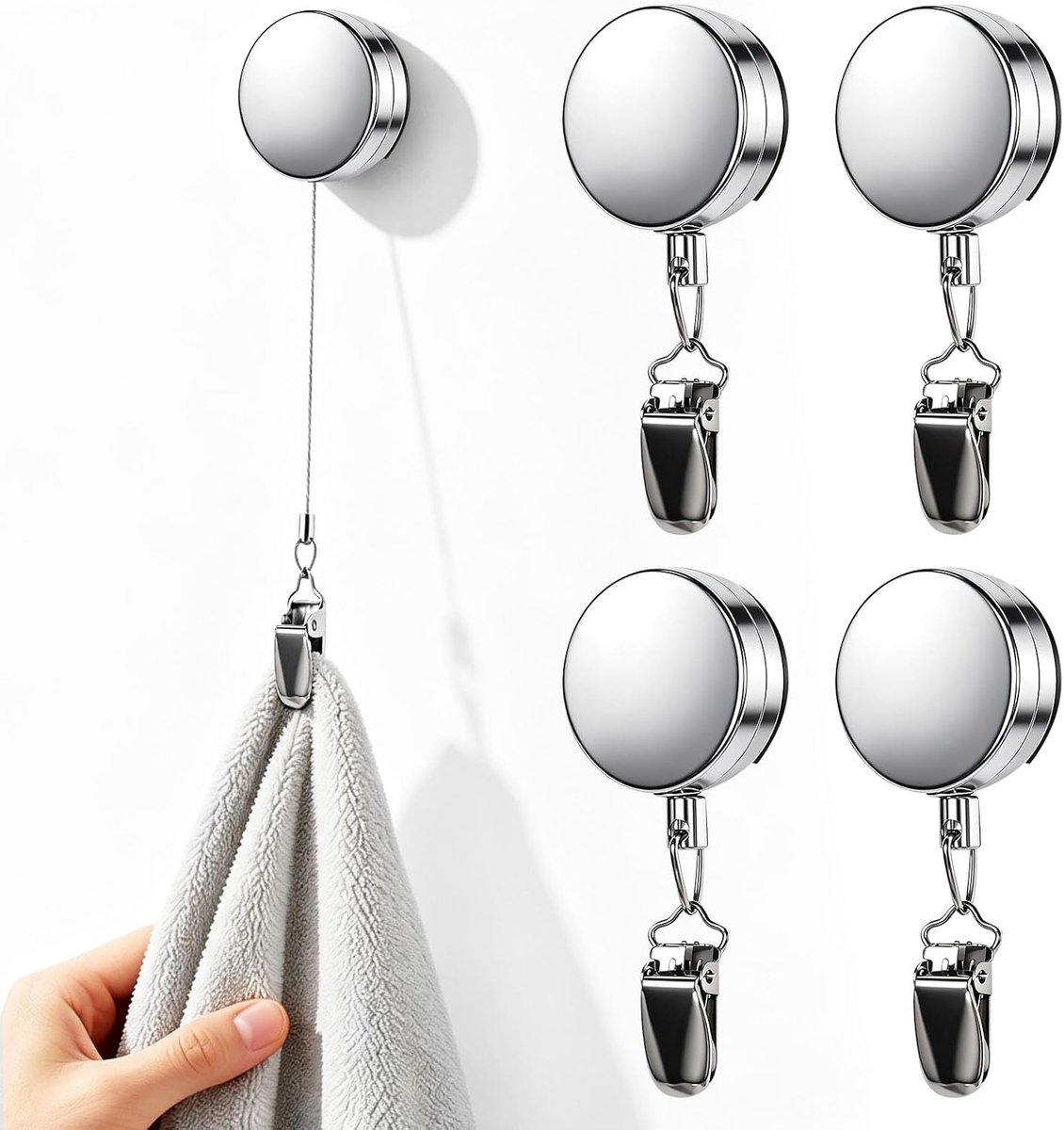 4 stuks handdoekclips, metalen keukenhanddoekclips met uittrekbare | Touw, zelfklevend, zonder boren, handdoekhouder voor keuken, badkamer, camper, camping organisatie
