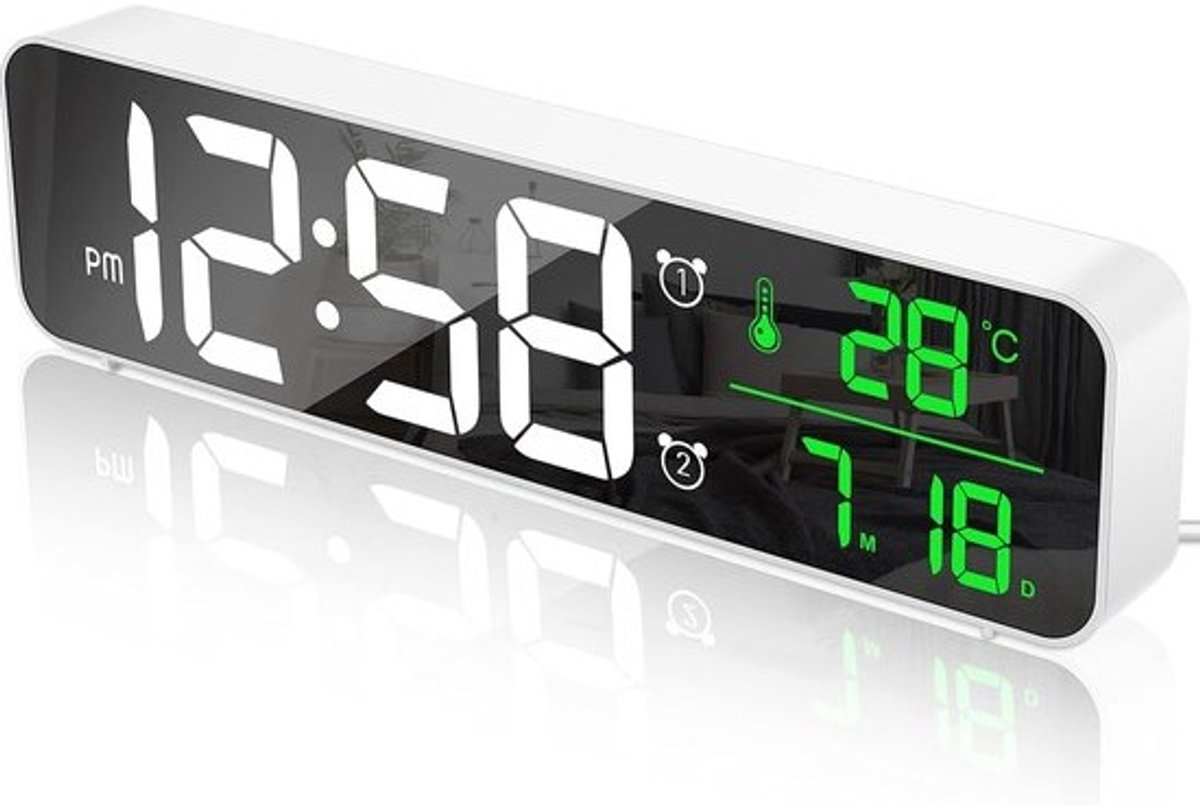 Digitale wekker met groot LED-display, temperatuurweergave, 2 alarmen en USB-lading