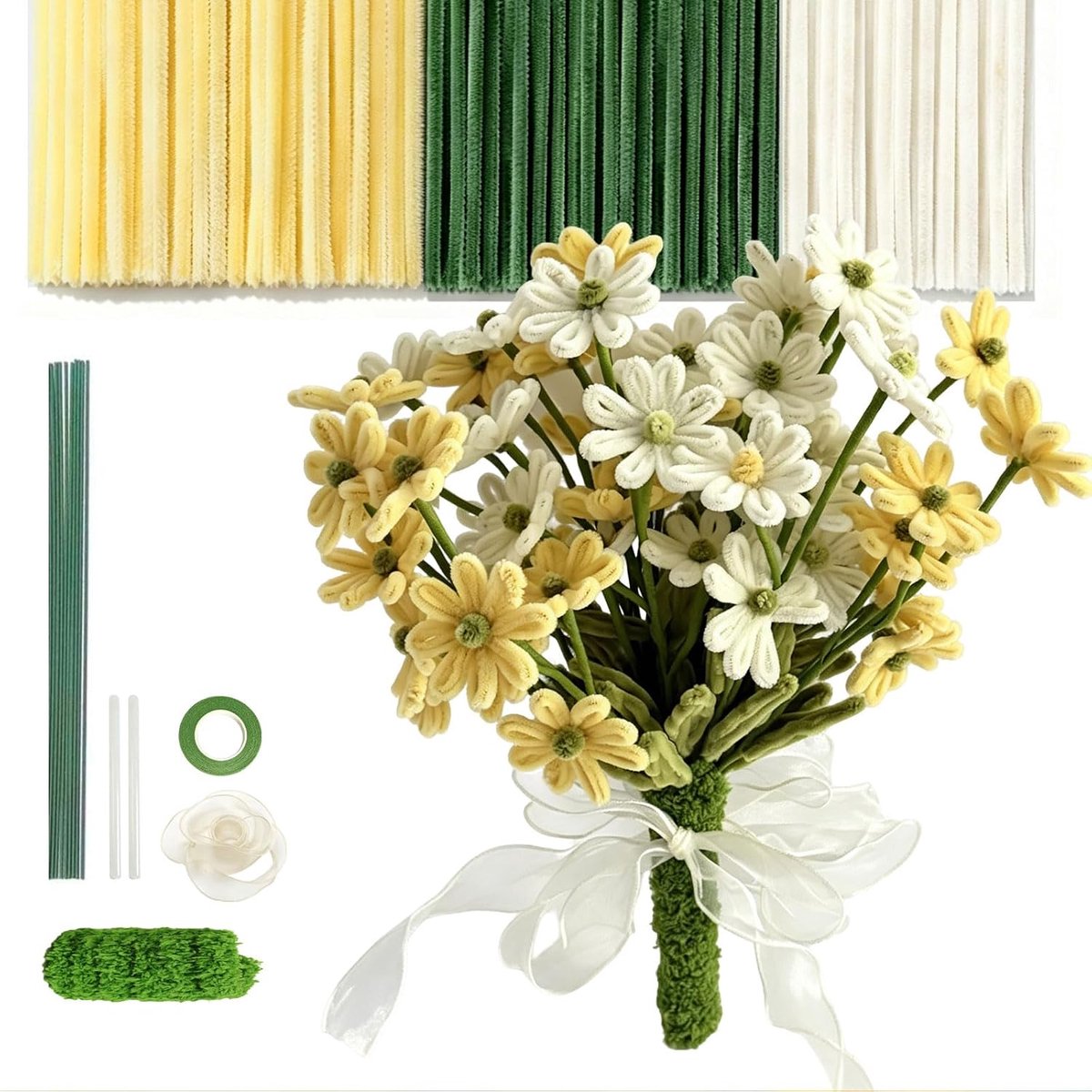 Bloemenstrauss DIY Set Madeliefjes ca.400 stuks Chenille Staven met Floristiek Tape Lijmstiften Tullband, Knutselset inclusief Steel Garen Cadeauverpakking