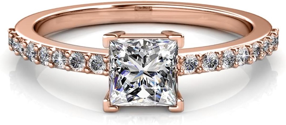 Vierkante ring – roségoud of zilver + kristal – messing HQ – 18k roségoud of rhodium verguld – cadeau voor verjaardag, Moederdag, Kerstmis – maat 52 tot 56, Kristal