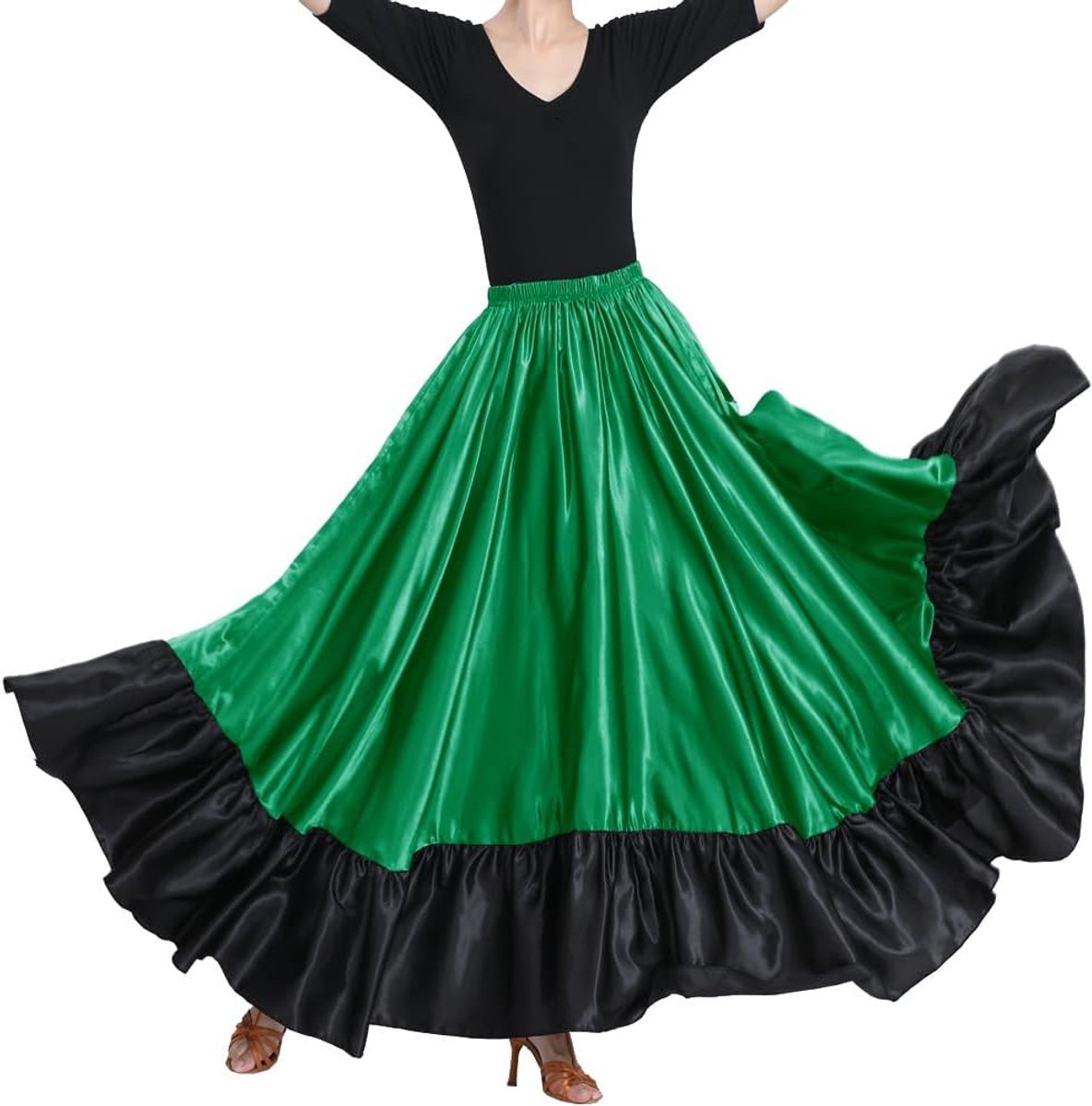 38" Silky Red Black Ruffle Long Dance Skirt for Belly Folkloric Mexican Flamenco Ballroom Performance ( Skirt with Black Flounce)