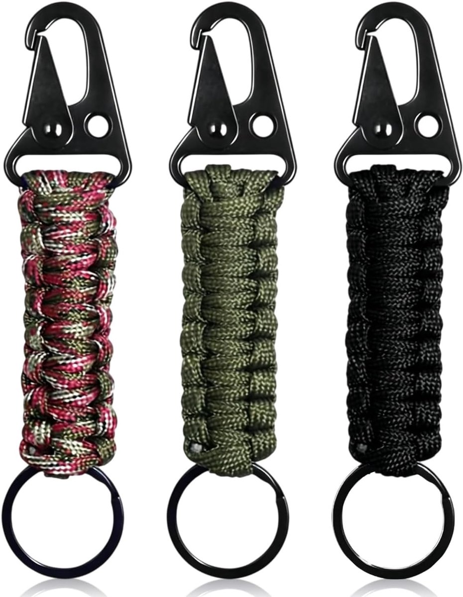 3 stuks paracord-sleutelhangers met karabijnhaak, sleutelhanger met D-ring met gevlochten camouflagetouw voor dames en heren, voor sleutels, outdoor, camping, vissen, rugzakken