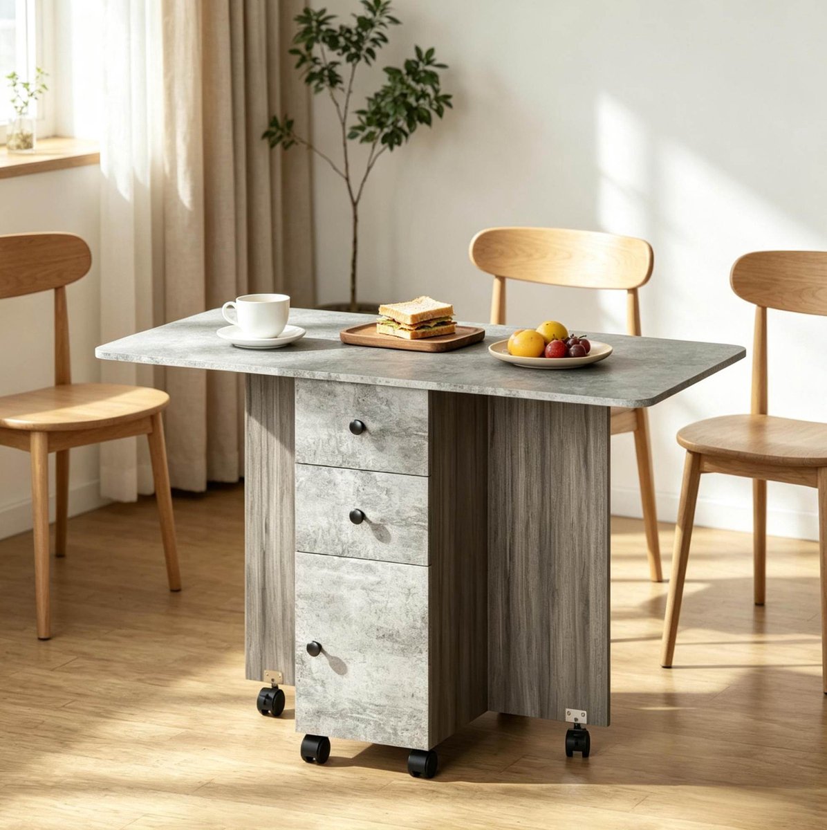 MODFU Opklapbare Eettafel - Lades En Wielen - Modern - Spaanplaat - Grijs - 120 X 60 X 76,5 Cm