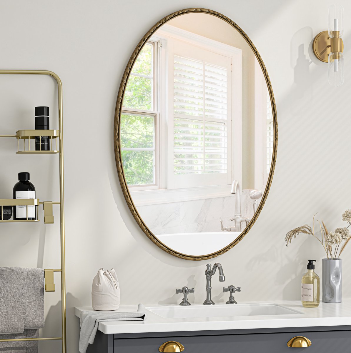 MEUNIQ Ovale wandspiegel 65 x 100 cm met goudkleurig ijzeren frame, glazen spiegel en MDF-achterzijde voor badkamer, slaapkamer of woonkamer