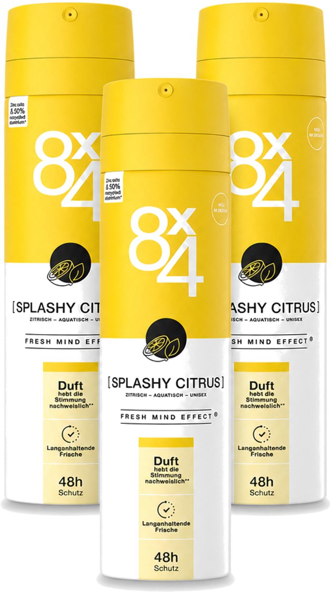 3 x 8 x 4 Deospray - Splashy Citrus - Deodorant - Citrusgeur - 150 ml - Voordeelverpakking - 3 stuks