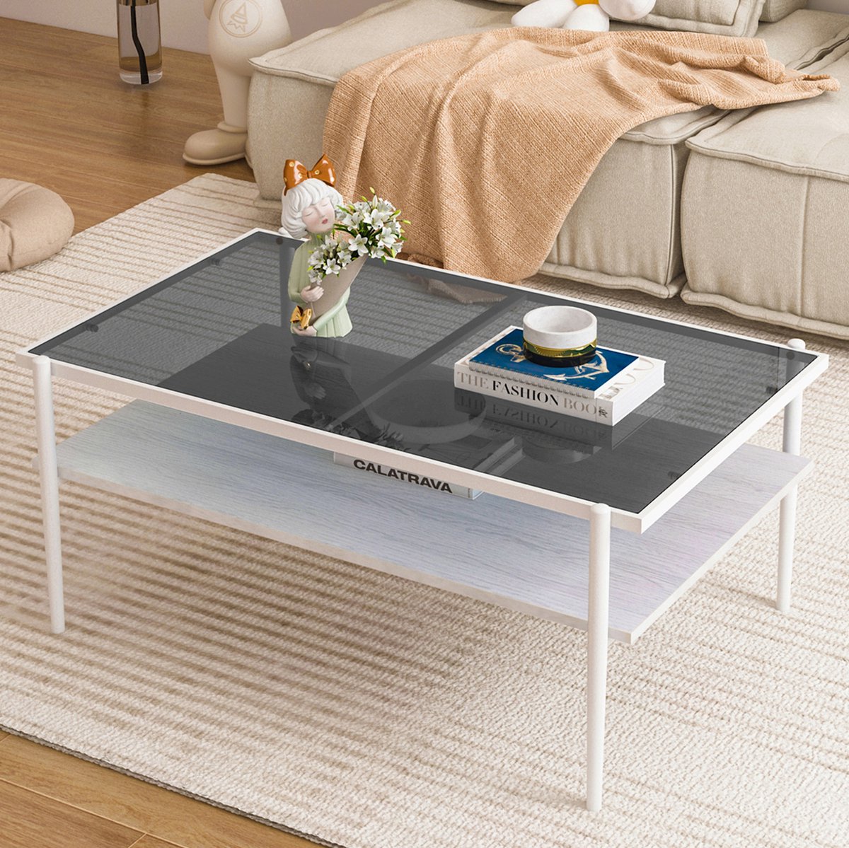 MEUNIQ Rechthoekige salontafel 97,5 x 61,5 x 45 cm met gehard glazen blad, opbergplank en metalen poten voor woonkamer, grijs en wit