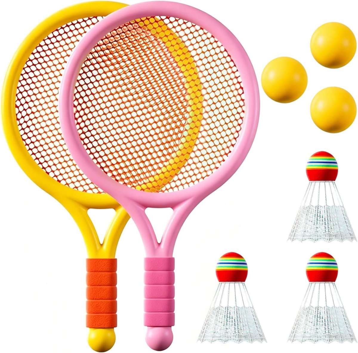 Tennis- en badmintonset voor kinderen met 2 rackets, 3 badmintonballen en 3 tennisballen