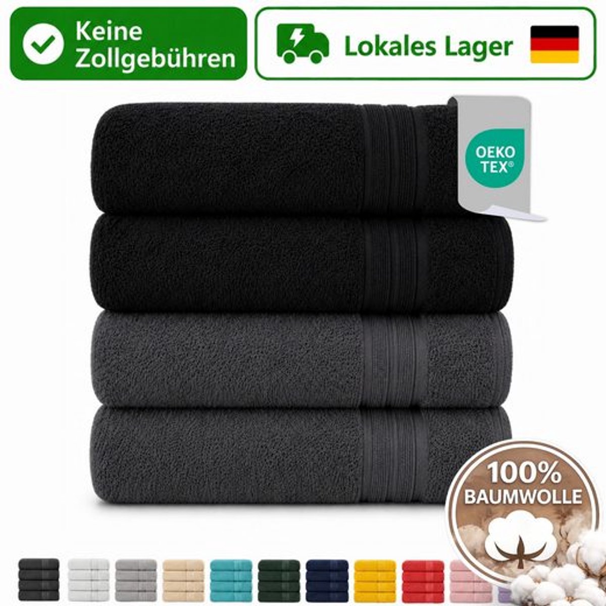 Komfortec Set van 4 Badhanddoek 100x200 cm van 100% Katoen, XXL Saunahanddoek, Grote Douchehanddoek, Zacht & Absorberend, Antraciet&Zwart